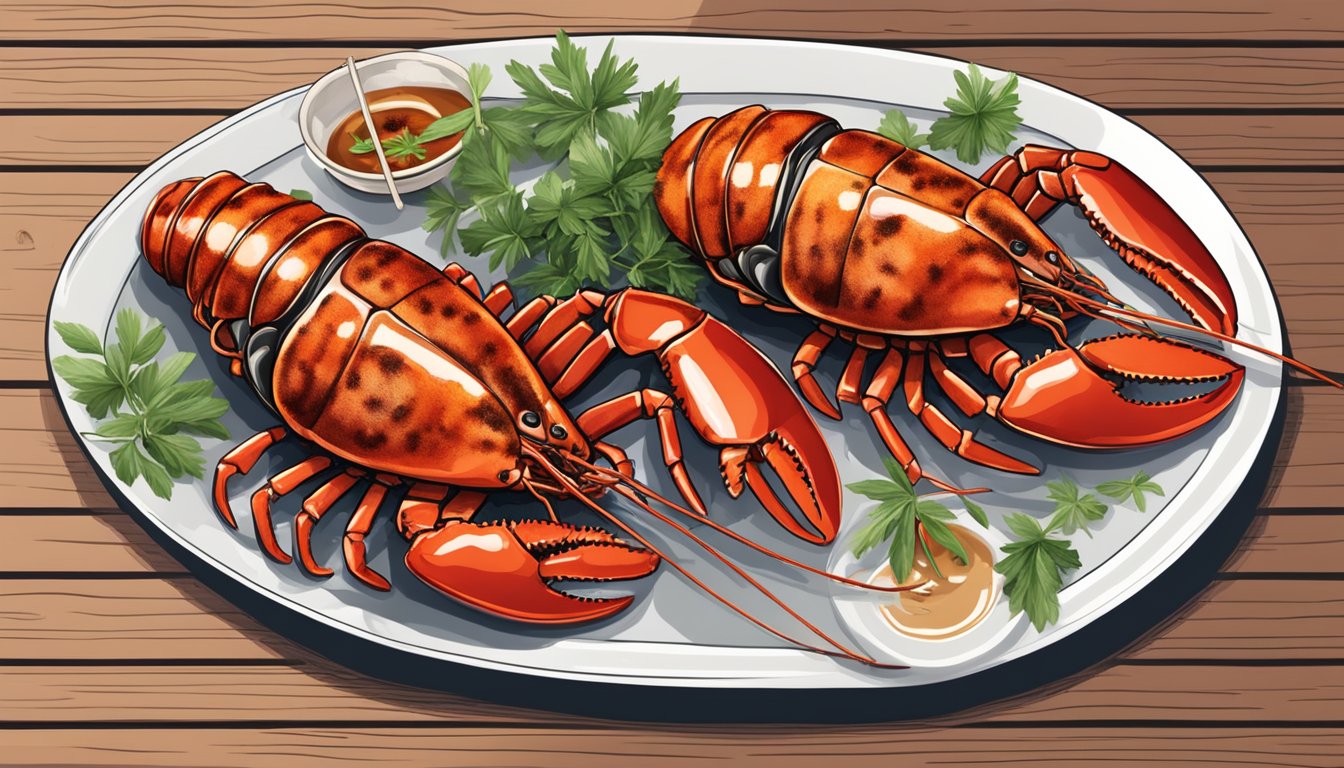 A whole lobster split in half, grilled to perfection with char marks, served on a platter with barbecue sauce and garnished with fresh herbs