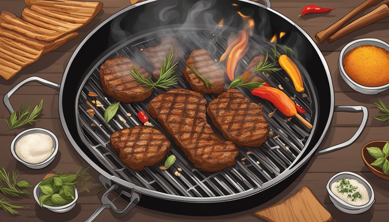 A sizzling grill with various spices and herbs scattered around, evoking the aroma of a Texas-style BBQ