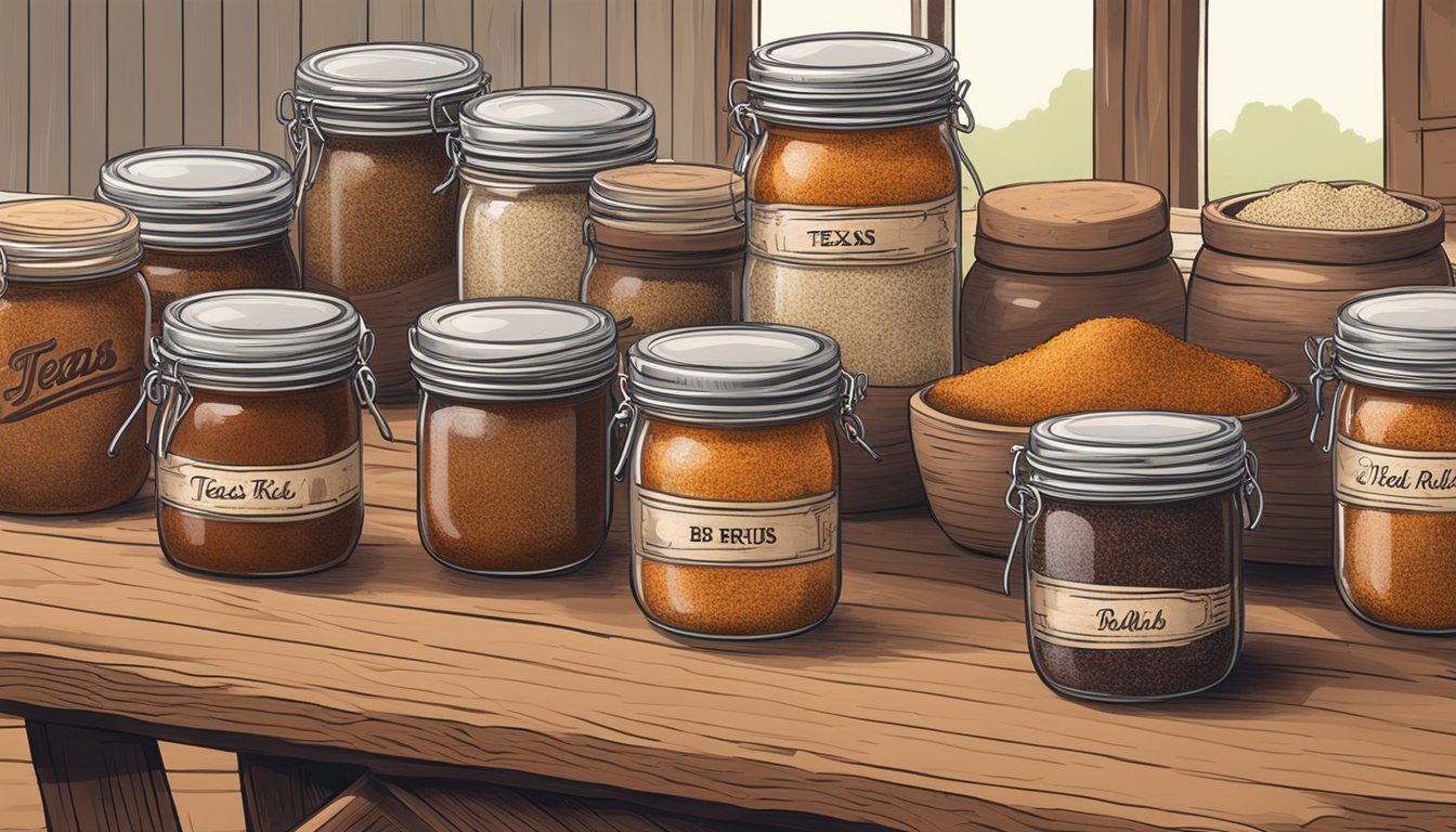 A rustic wooden table with various BBQ rubs in labeled jars and Texas-themed decor