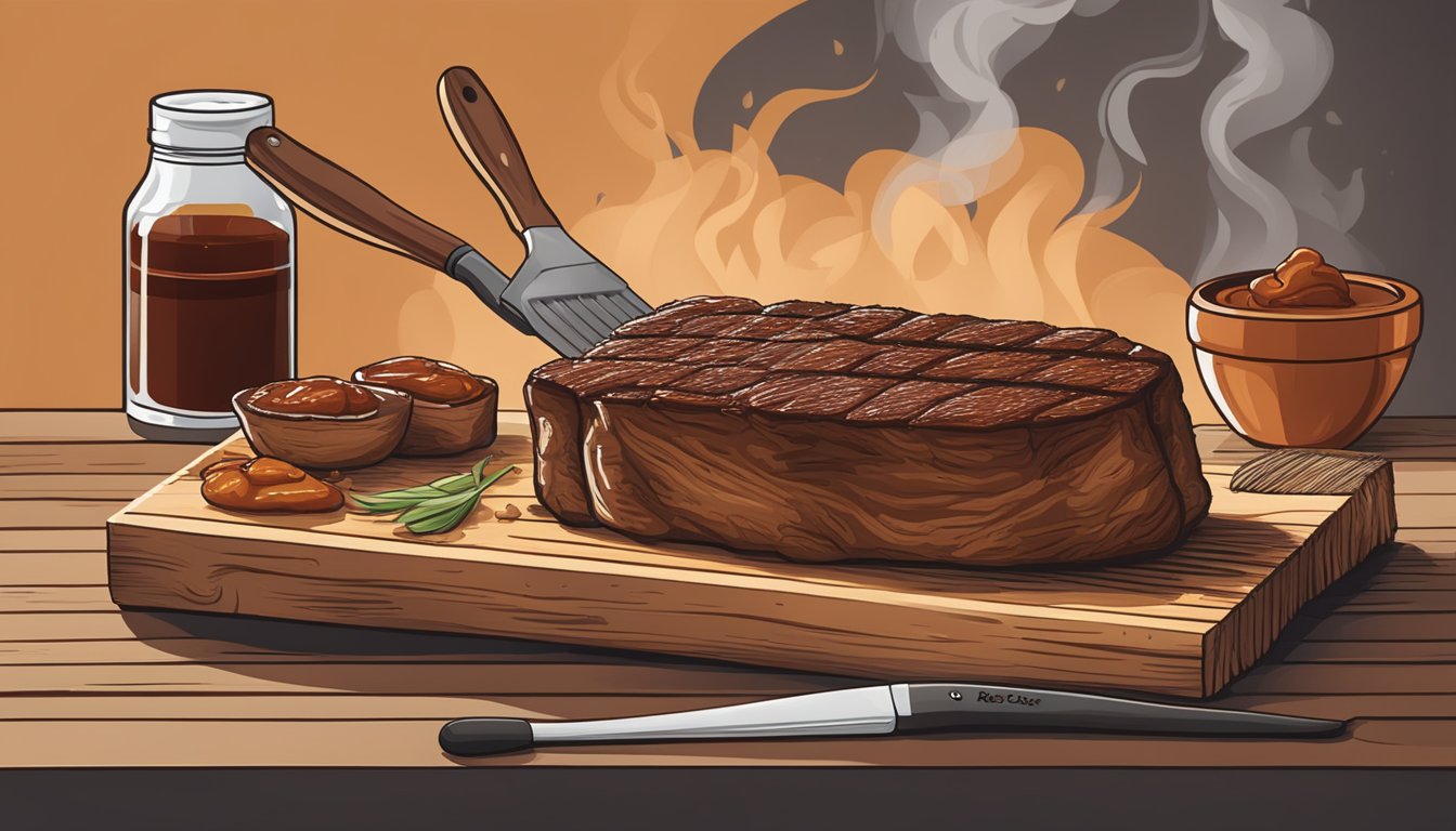 A wooden plank with grill marks, surrounded by smoke and sizzling meat, with a Texas BBQ sauce brush nearby