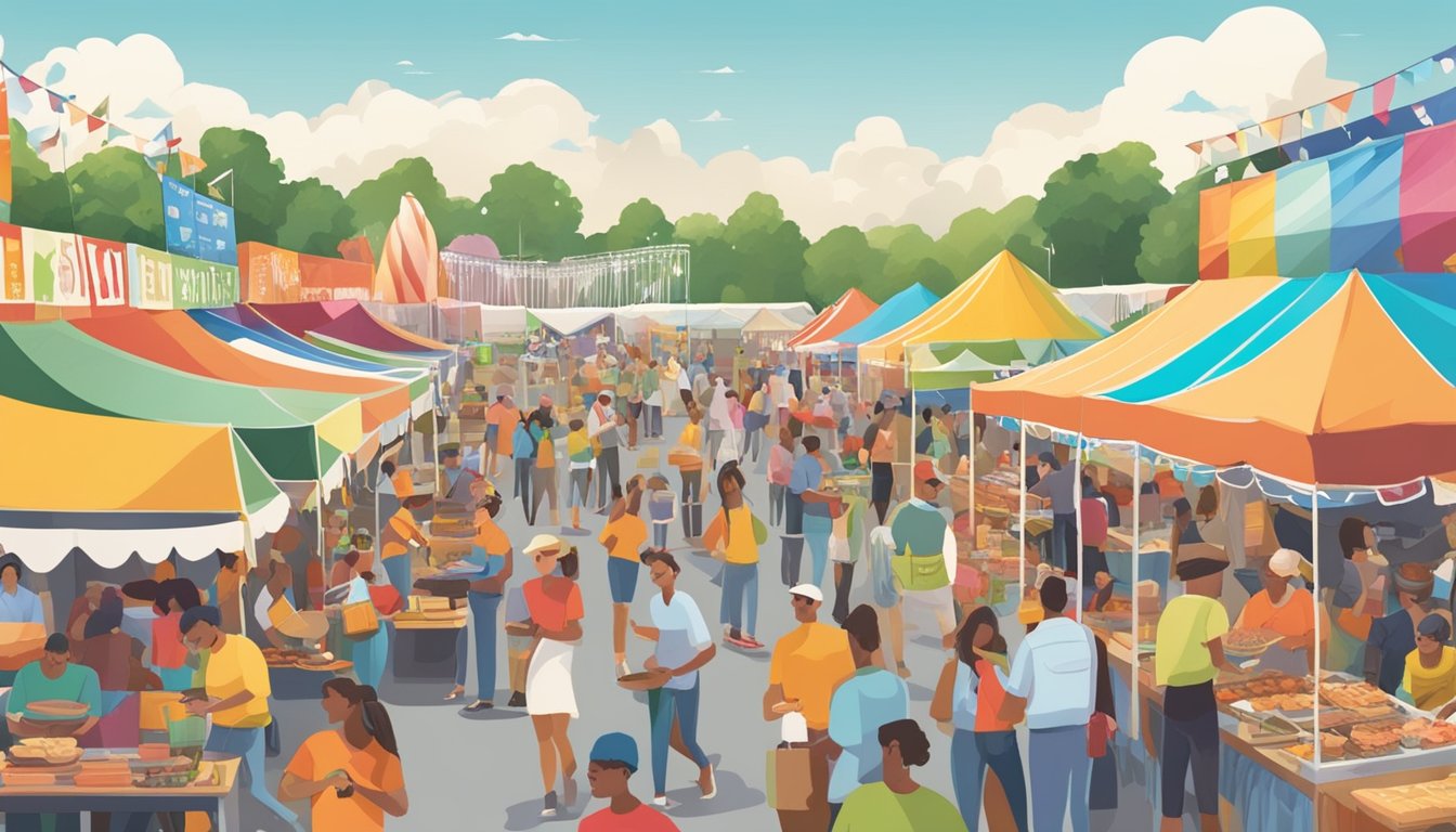 A bustling food festival in New Jersey, with colorful tents and food stalls, live music, and crowds of people enjoying the diverse culinary offerings