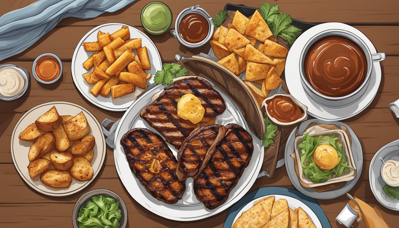 A sizzling grill with halloumi cheese and BBQ sauce, surrounded by Texas-style sides and a cold beverage