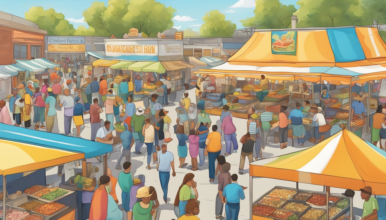 Crowds gather around colorful food stalls, sampling diverse cuisines under a sunny Michigan sky. A lively atmosphere fills the air as vendors showcase their best dishes