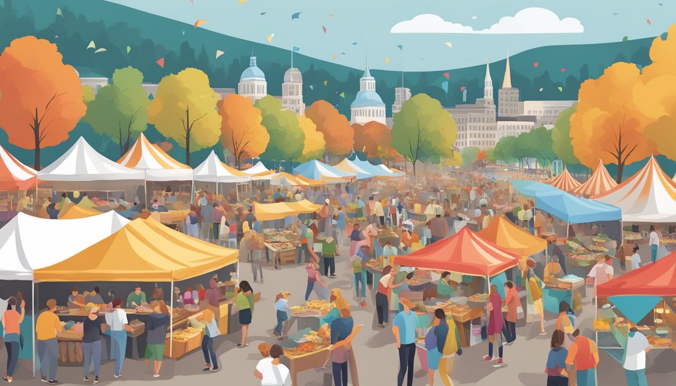 A bustling food festival scene with colorful tents, food vendors, and eager festival-goers sampling a variety of traditional Minnesota dishes