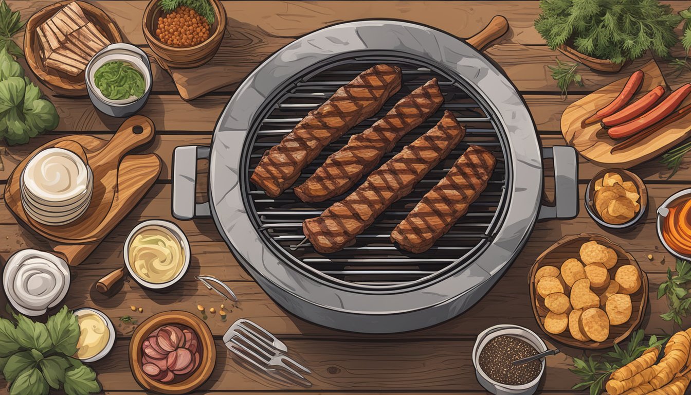 A grill with planks of wood, surrounded by Texas BBQ ingredients, ready to be cooked for added flavor