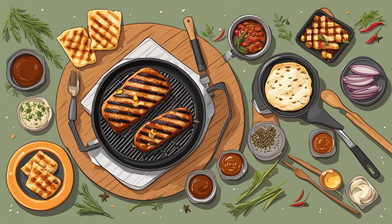 A grill with sizzling halloumi cheese, surrounded by BBQ sauce, spices, and various grilling utensils