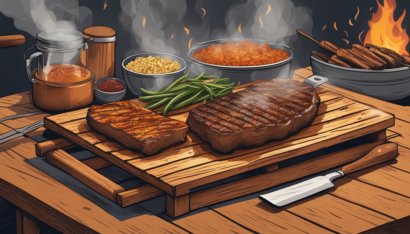 A wooden plank grilling over open flames, surrounded by various seasonings and marinades, evoking a Texas BBQ atmosphere