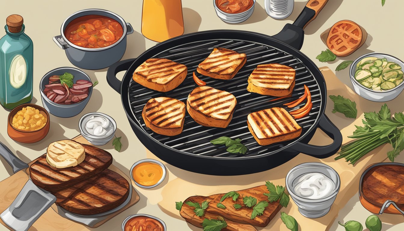 A grill with sizzling halloumi cheese, surrounded by Texas BBQ ingredients and a container of leftovers being reheated