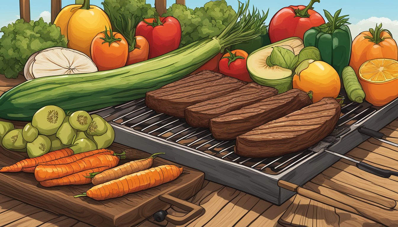 Fresh vegetables and fruits arranged on wooden planks over a grill, infusing the Texas BBQ style with added flavor