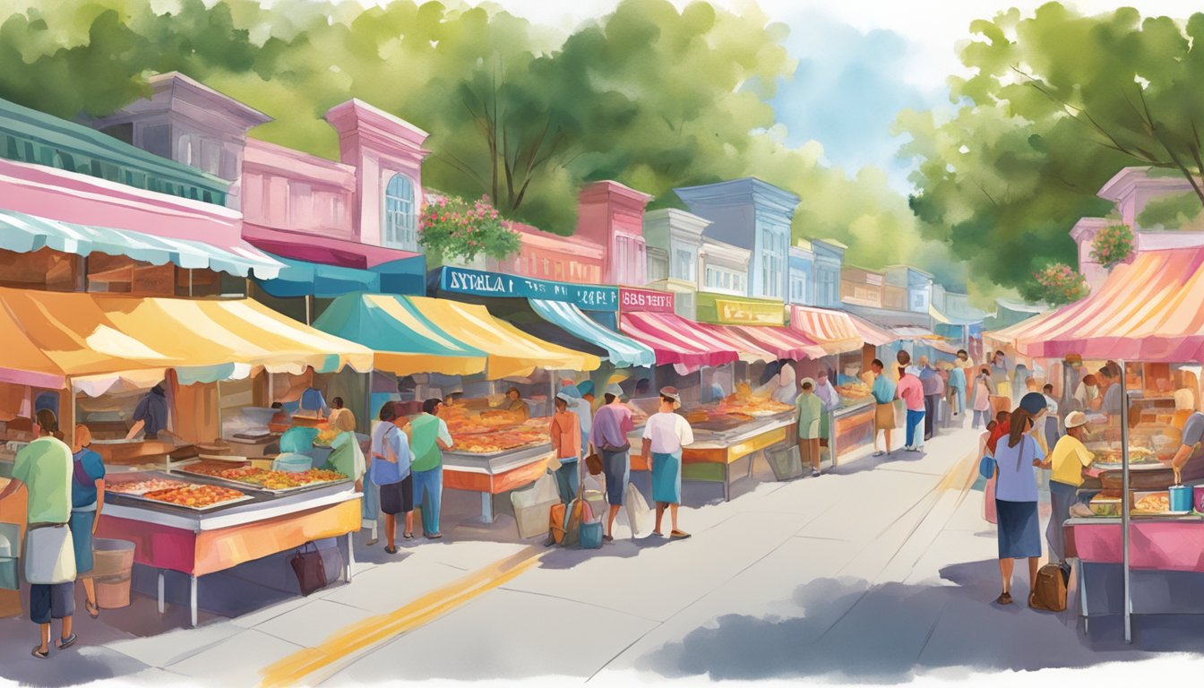 Colorful food stalls line the streets, offering a variety of dishes. The aroma of sizzling meats and sweet treats fills the air at the North Carolina Azalea Festival