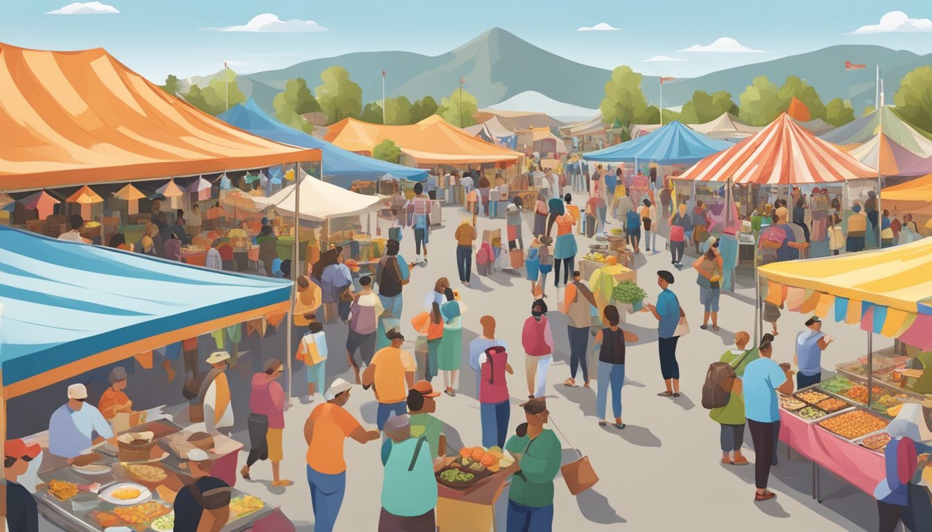 A bustling food festival in Montana, with colorful tents, food stalls, and people enjoying a variety of local dishes and drinks