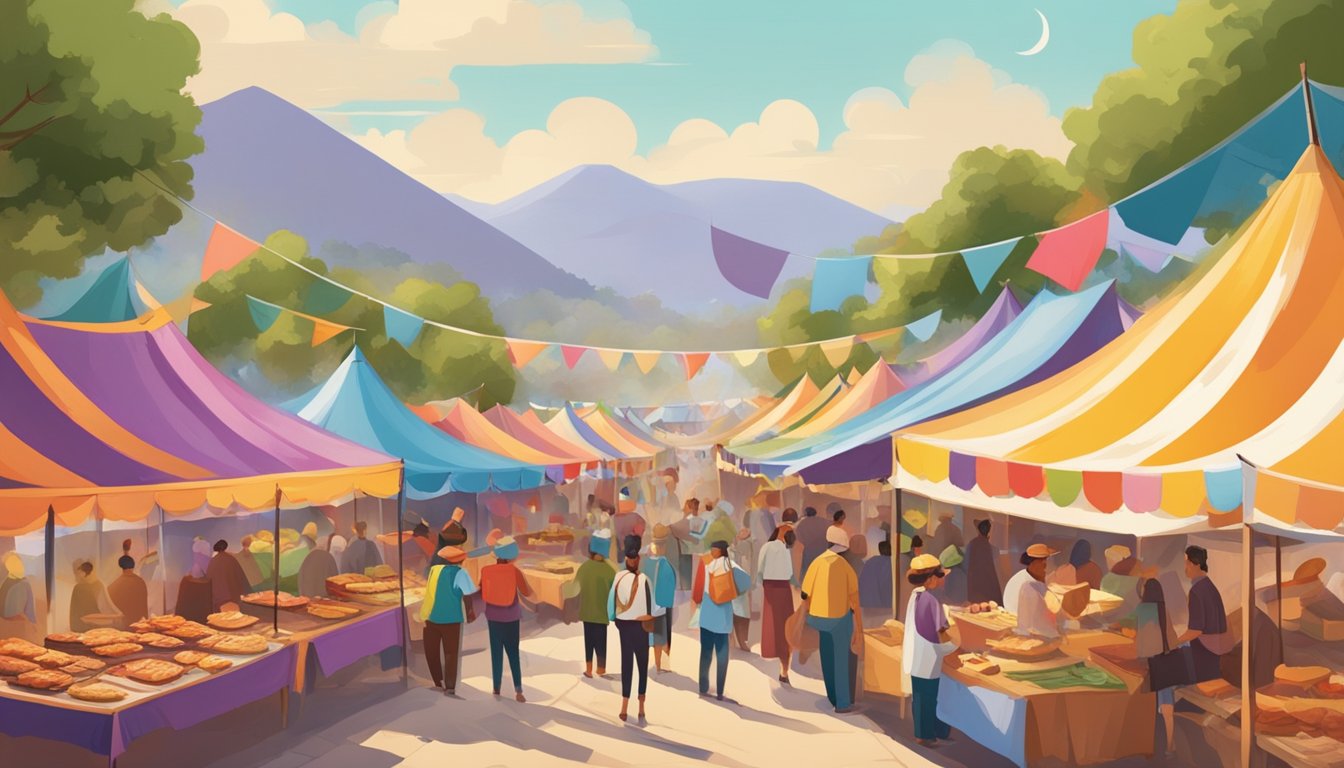 Colorful tents and banners line the bustling festival grounds, where vendors sell a variety of delicious and unique foods. The aroma of roasted turkey legs, freshly baked bread, and sizzling meats fills the air