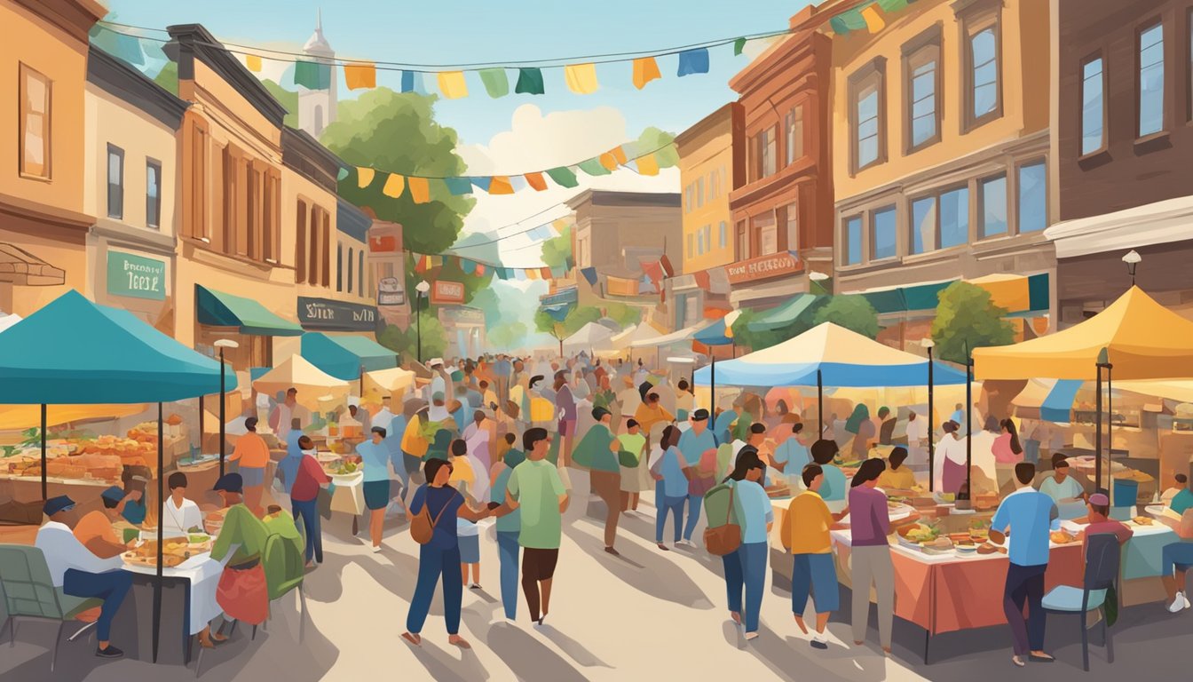 A bustling food festival in Montana showcases diverse cuisines and local delicacies, with colorful booths and lively entertainment