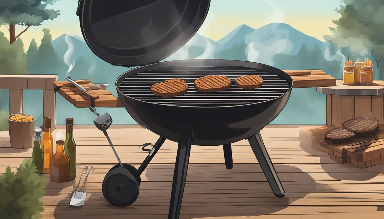 A grill with planks of wood and various grilling tools set against a backdrop of a Texas BBQ scene. Smoke billows from the grill as the aroma of smoky flavors fills the air