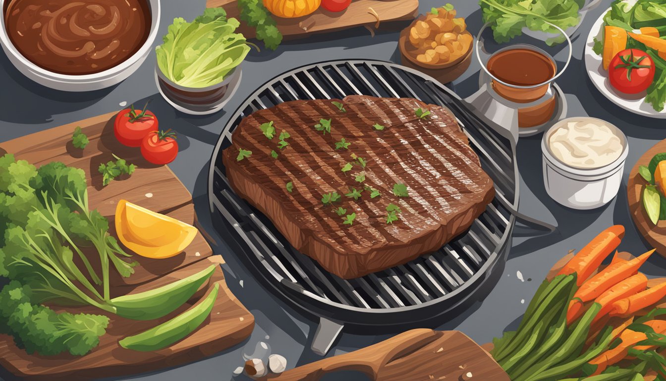 A wooden plank sits on a grill, smoke rising as it cooks a juicy steak, surrounded by sizzling vegetables and a hint of barbecue sauce