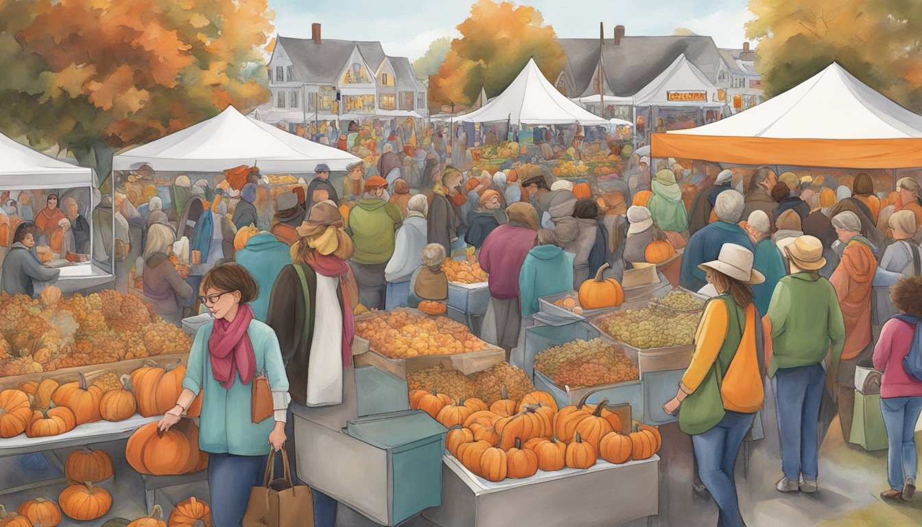 Crowds gather at Milford Pumpkin Festival, sampling diverse food offerings from local vendors. The aroma of sizzling dishes fills the air as colorful tents line the bustling streets