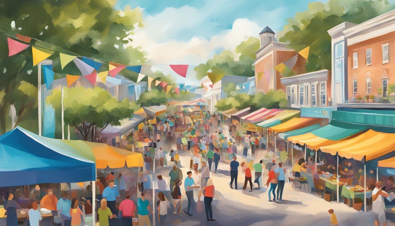 A bustling outdoor food and wine festival in Wilmington, North Carolina, with colorful tents, lively music, and delicious aromas filling the air