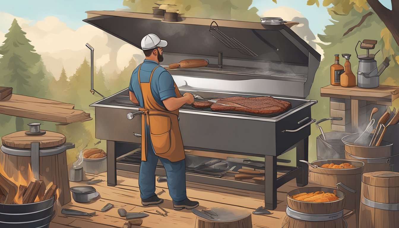 A pitmaster expertly trims and seasons a brisket, surrounded by tools and wood smoke