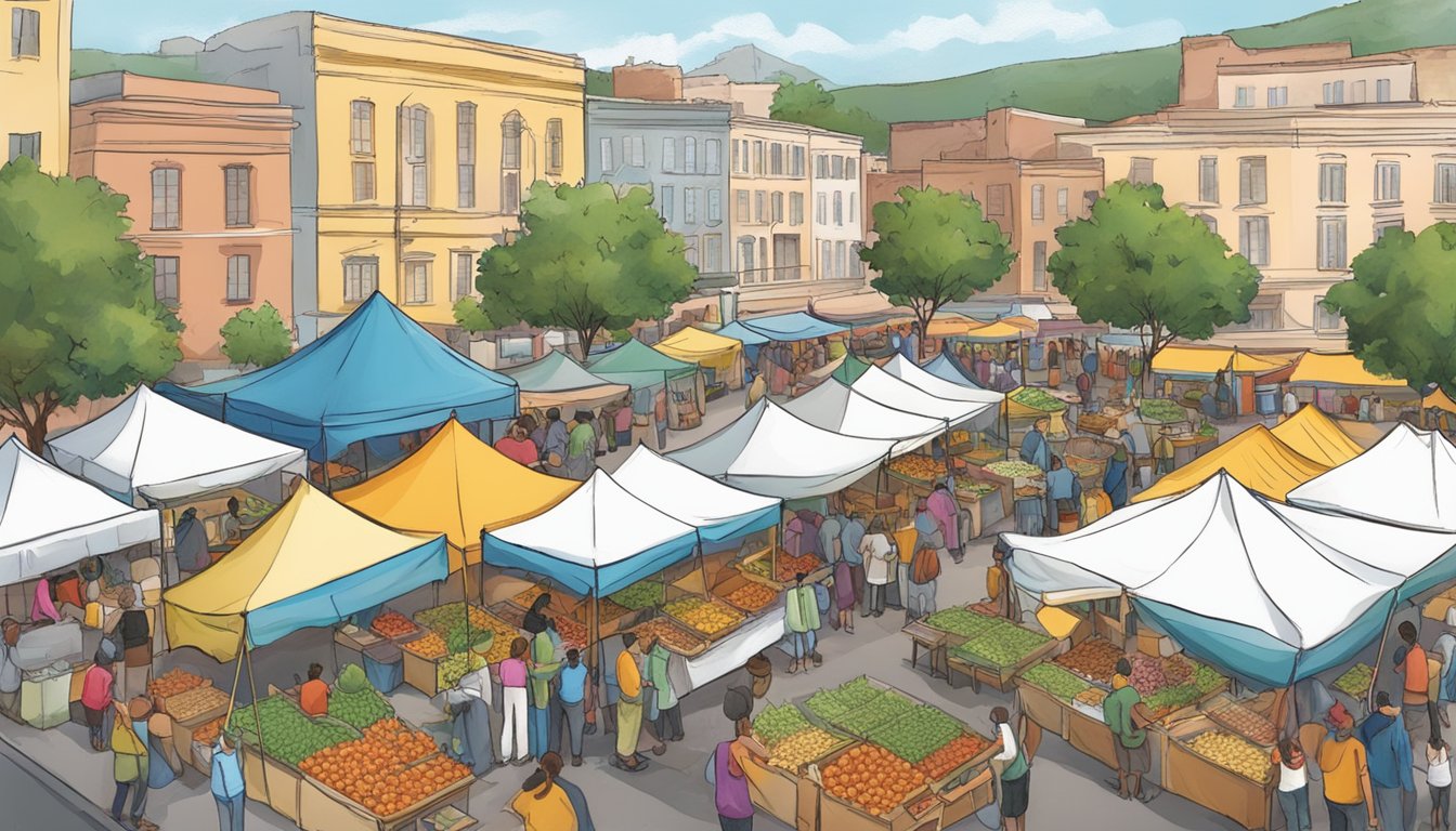 Colorful tents line the street, filled with vendors selling fresh rutabaga dishes. The air is filled with the aroma of roasted vegetables and the sound of live music