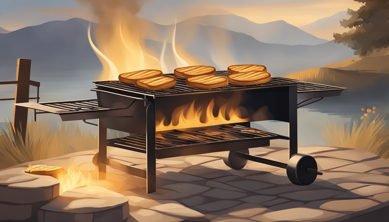 A rustic outdoor grill with a rack of bread slices being toasted over open flames. Smoke rises as the bread takes on a golden brown color