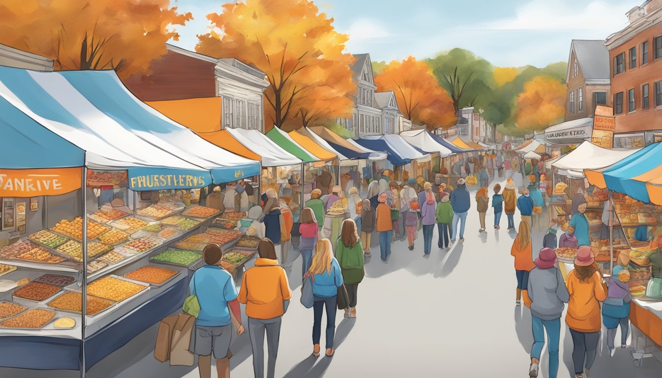 Colorful food stalls line the bustling street at the Keene Pumpkin Festival, offering a wide variety of delicious treats to the excited crowd