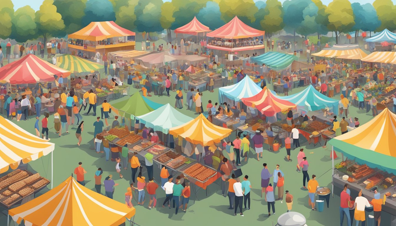 A bustling outdoor festival with rows of food vendors, colorful tents, and a lively crowd enjoying barbecue ribs and live music