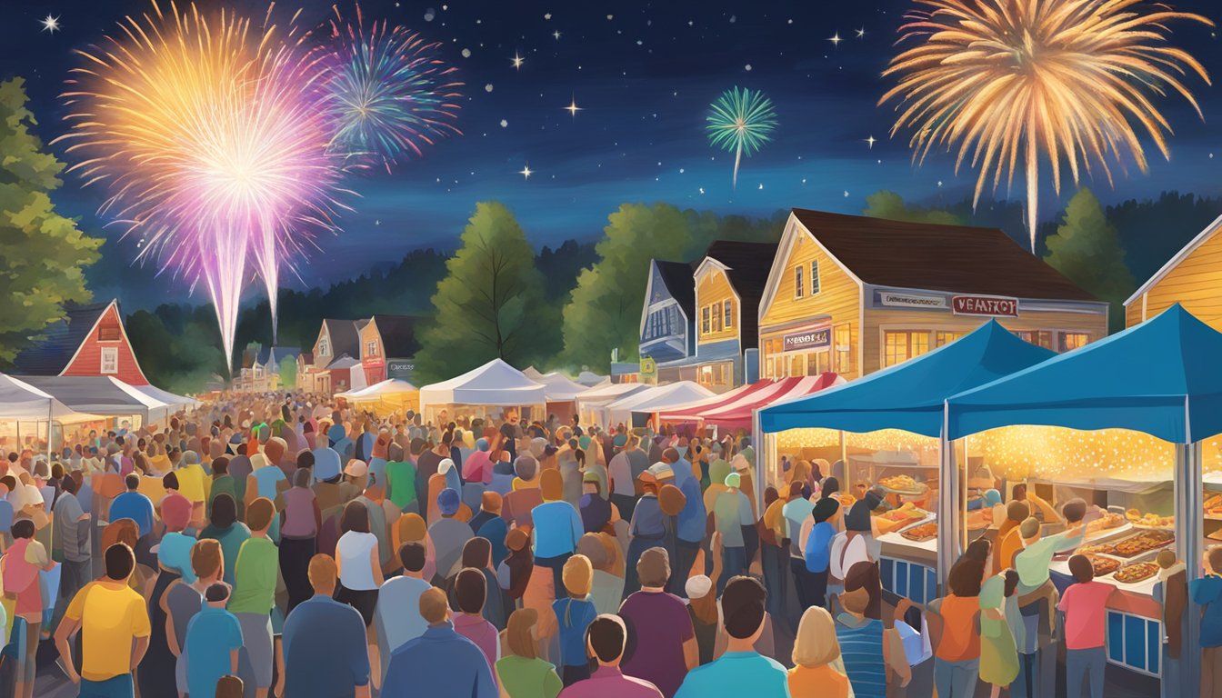 Colorful fireworks lighting up the night sky over a bustling food festival in Jaffrey, New Hampshire