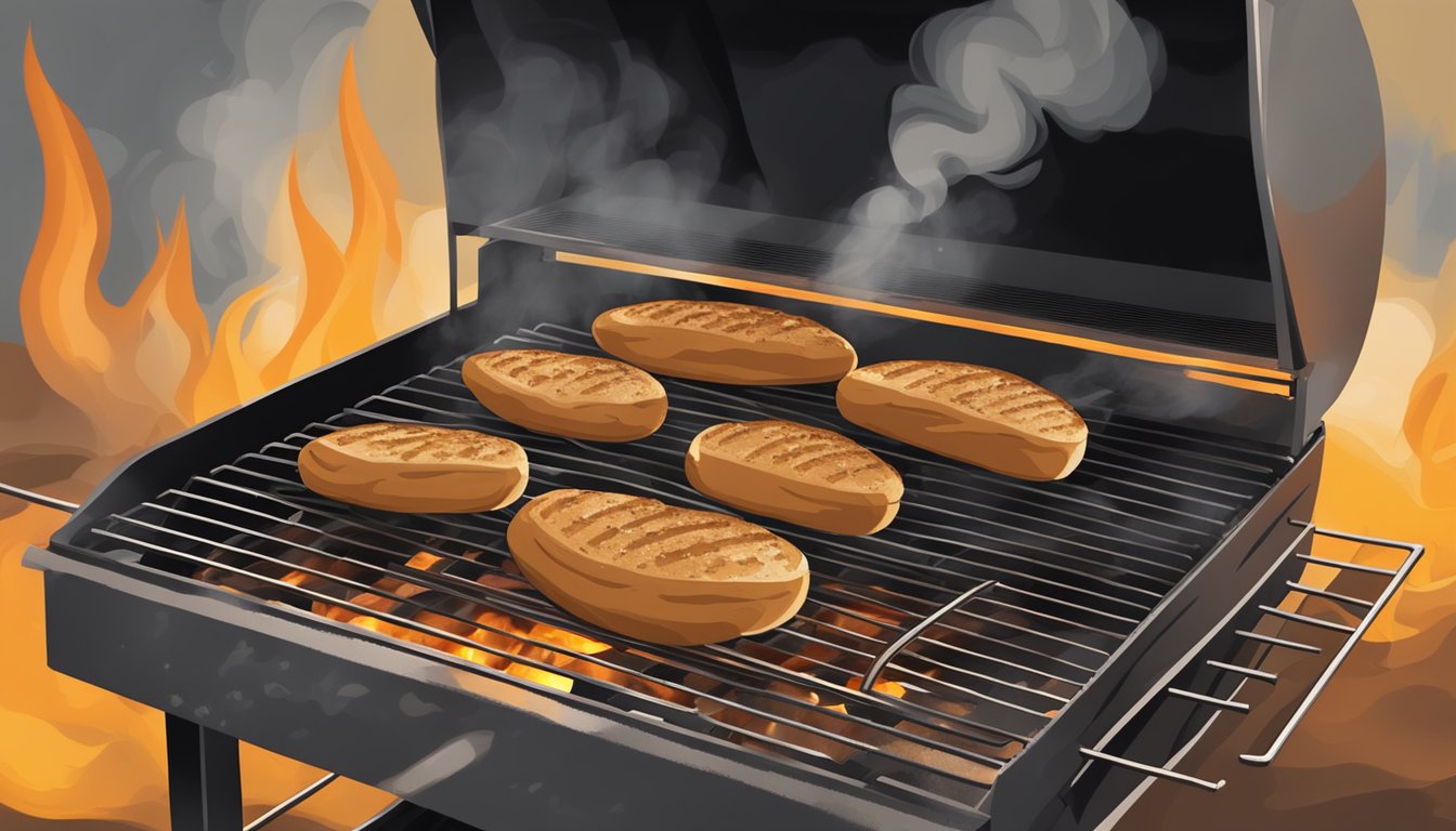 A rustic outdoor grill with Texas BBQ-style seasoned bread sizzling over the open flames. Smoke billows up as the bread cooks to golden brown perfection