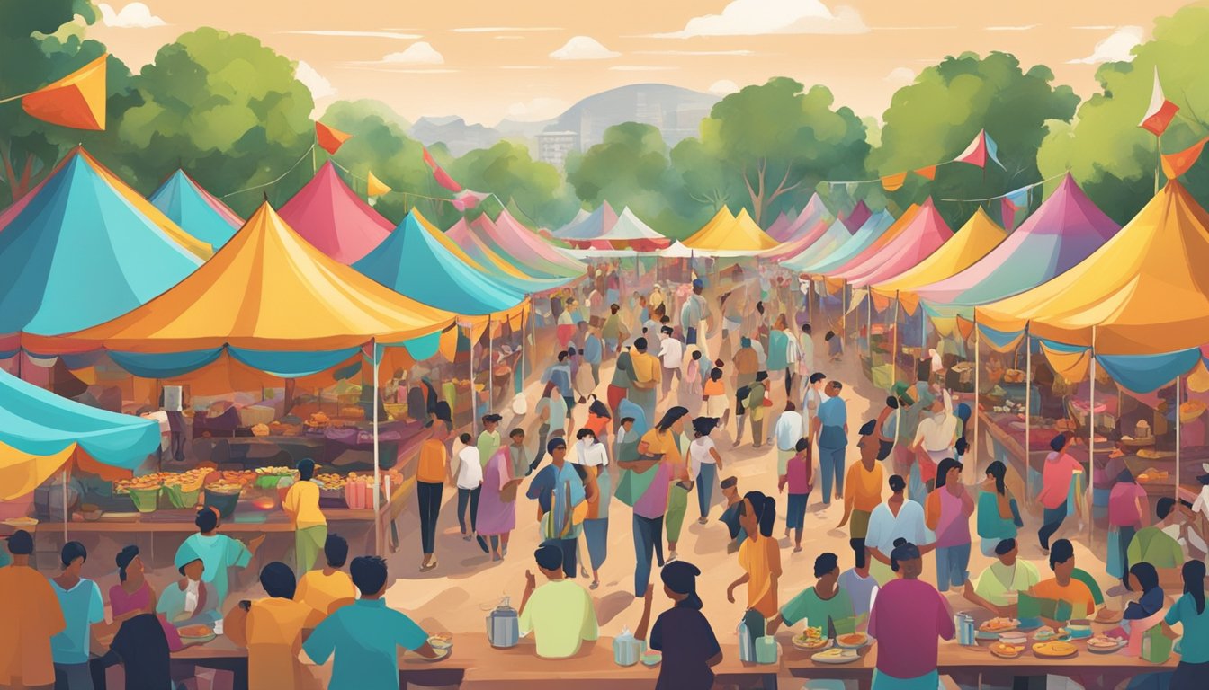 Colorful tents and food stalls fill the festival grounds, with the aroma of various cuisines wafting through the air. The sound of live music and chatter creates a lively atmosphere