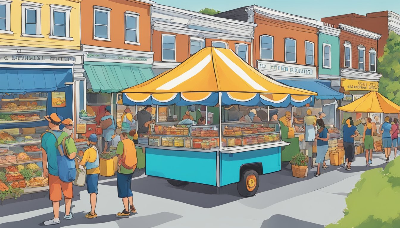 Colorful food vendors line the streets of Exeter, NH, offering a variety of delectable treats. The scent of sizzling dishes fills the air as festival-goers sample the best of the UFO Festival's culinary delights