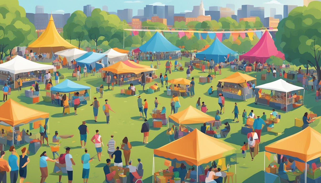 Vibrant outdoor festival with food vendors, live music, and bustling crowds. Tents and food trucks line the grassy area, with people enjoying the festivities