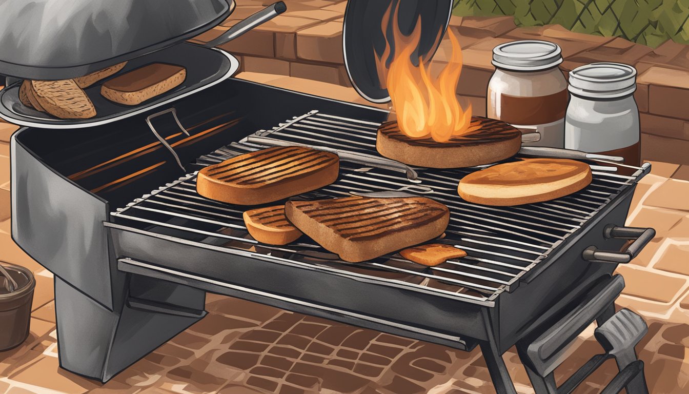 A rustic outdoor grill with a metal grate over open flames, charred slices of bread on the grill, and a Texas BBQ sauce brush nearby