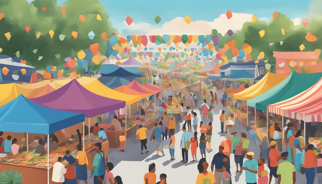 A bustling food festival in North Carolina, with colorful tents, diverse food vendors, and people enjoying the cultural significance of the event