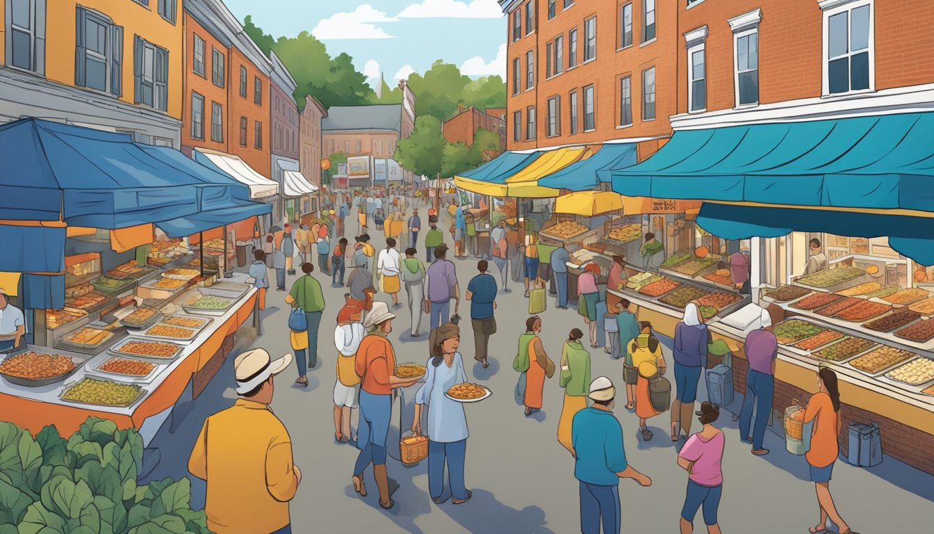 Vendors line a bustling street, offering a variety of regional delicacies at a New Hampshire food festival. The aroma of sizzling dishes fills the air