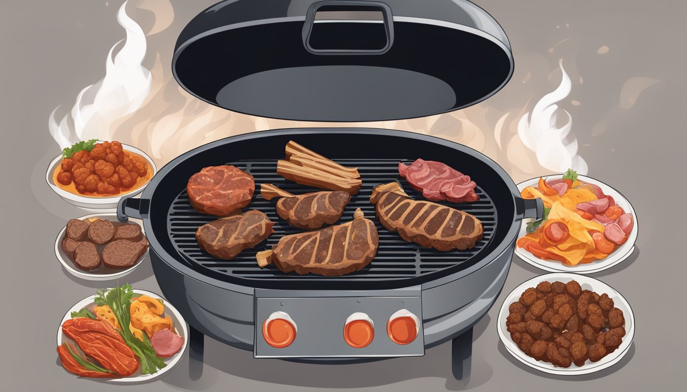 A grill sizzling with various offal cuts, surrounded by Texas BBQ seasonings and sauces, with smoke billowing into the air