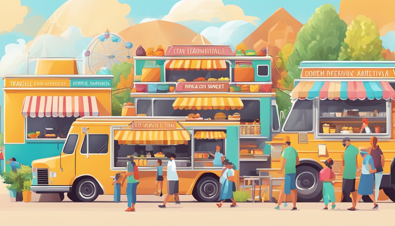 Colorful food trucks line the festival grounds, offering a variety of delicious dishes. The air is filled with the aroma of sizzling meats and sweet treats