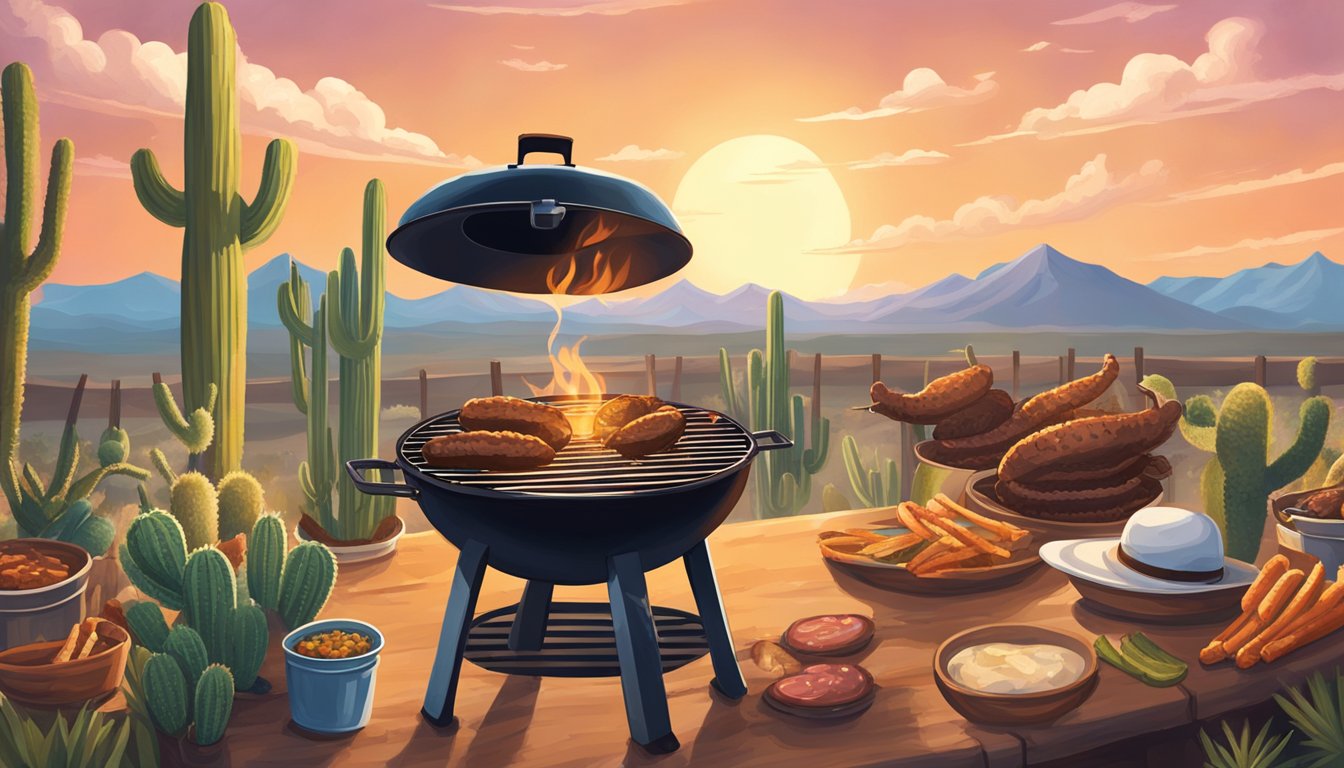 A rustic outdoor Texas BBQ scene with a grill sizzling with offal, surrounded by cowboy hats, cacti, and a big open sky