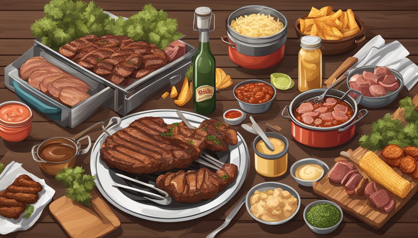 A rustic outdoor Texas BBQ setting with a grill sizzling with various offal cuts, surrounded by classic BBQ sides and condiments