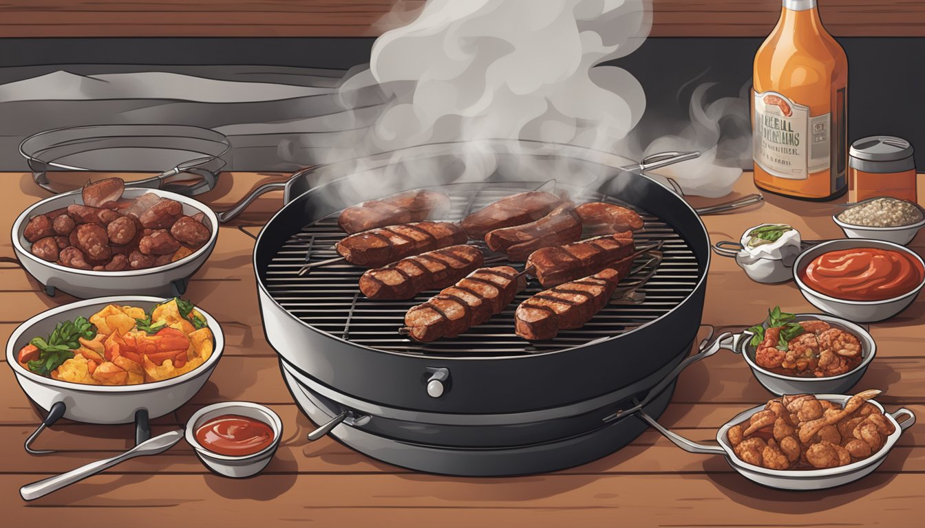 A grill sizzling with various offal cuts, smoke billowing, Texas BBQ sauces and seasonings lined up nearby