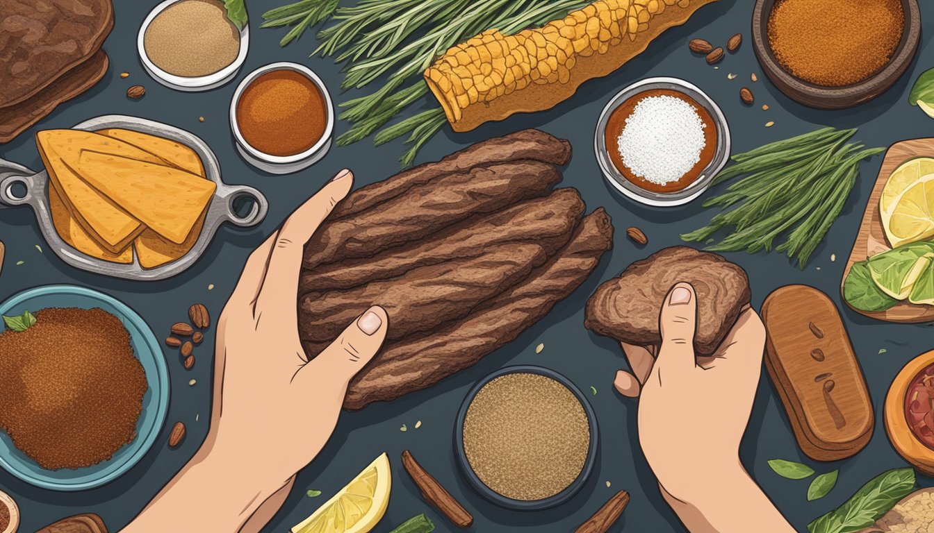 A hand holding a selection of delicate ingredients, with a grill and Texas BBQ seasonings in the background