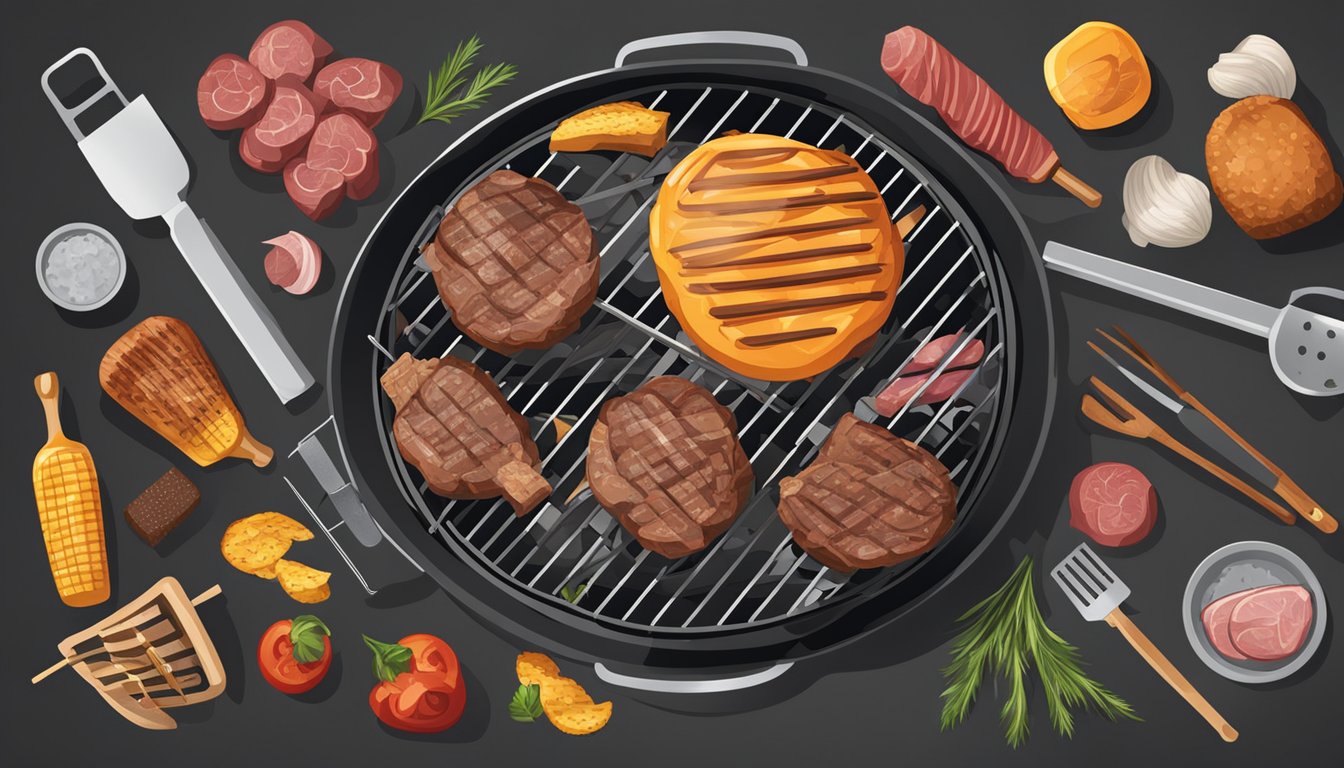 A backyard grill with various offal cuts sizzling over charcoal, surrounded by grilling tools and safety equipment