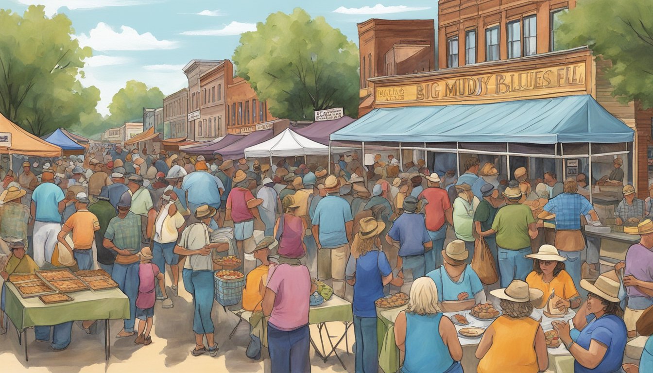 Crowds gather at the Big Muddy Blues Festival, indulging in a variety of delectable foods from the best vendors in Missouri. Music fills the air as people enjoy the lively atmosphere