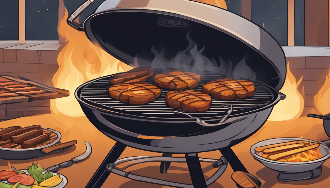 A grill with delicate foods being cooked over open flames in a Texas BBQ style setting