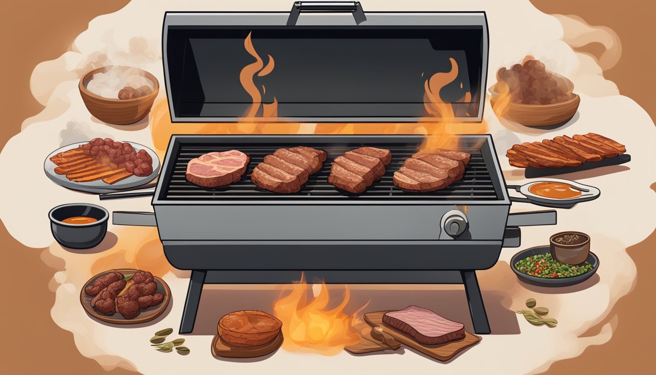 A grill sizzling with various offal cuts, surrounded by Texas BBQ seasonings and sauces, with smoke rising into the air