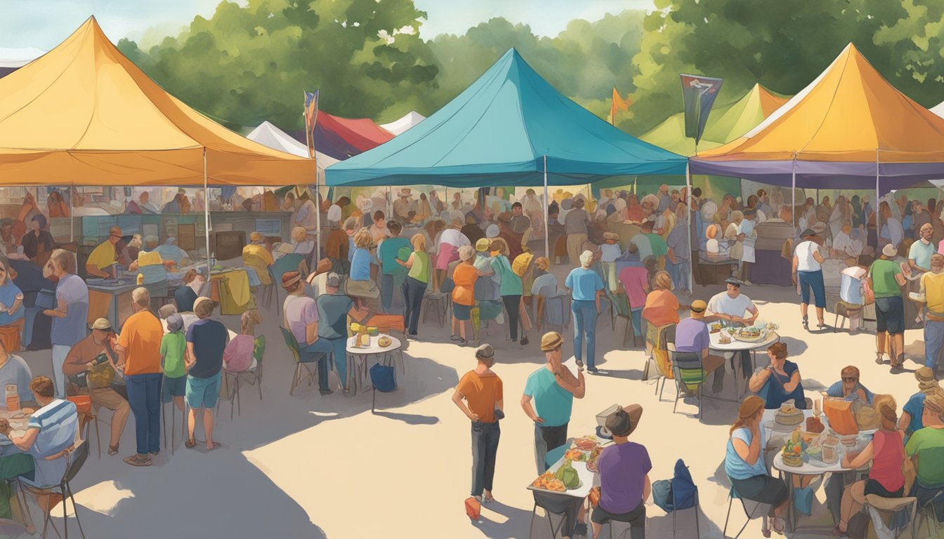 Crowds gather under colorful tents, sampling a variety of local cuisine while live music fills the air at the Ozark Mountain Music Festival