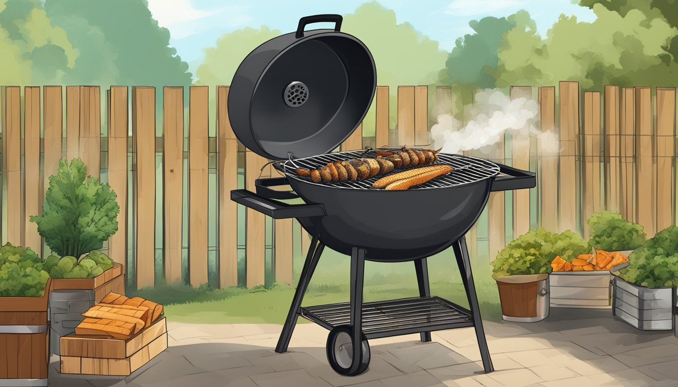 A backyard grill with a smoker, charcoal, and wood chips. Delicate foods such as fish and vegetables are being grilled on a wire rack over the coals