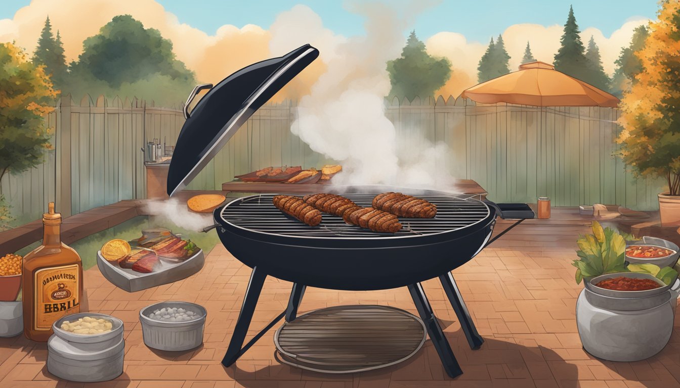 A backyard grill with smoke rising, delicate foods sizzling over the flames, surrounded by Texas BBQ style seasonings and sauces