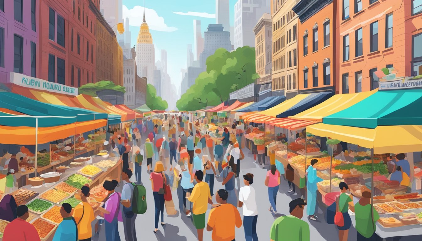 A bustling street lined with colorful food stalls, filled with diverse cuisines and crowds of people enjoying the best food festivals in New York