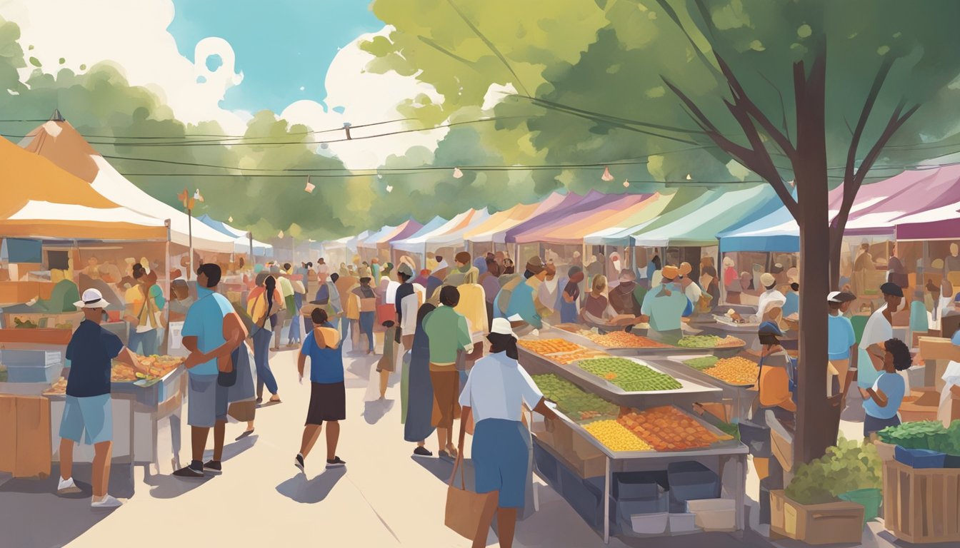 Crowds gather around colorful food stalls at a bustling Missouri food festival, with vendors selling a variety of delicious dishes and drinks. Music fills the air as people sample local cuisine and enjoy the festive atmosphere