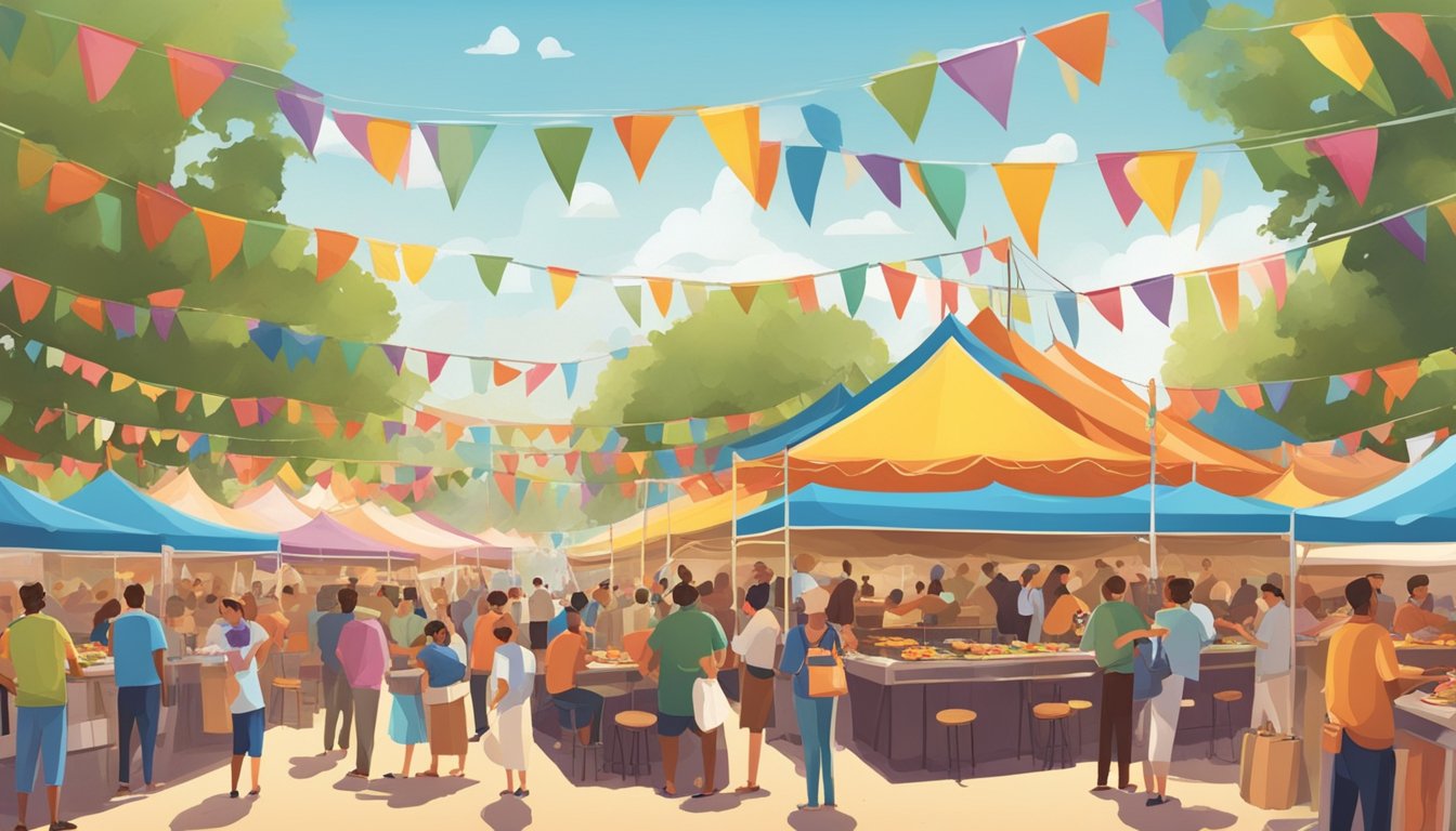 Crowds gather under colorful tents, sampling a variety of dishes while live music fills the air. The aroma of sizzling barbecue and sweet treats wafts through the festival grounds